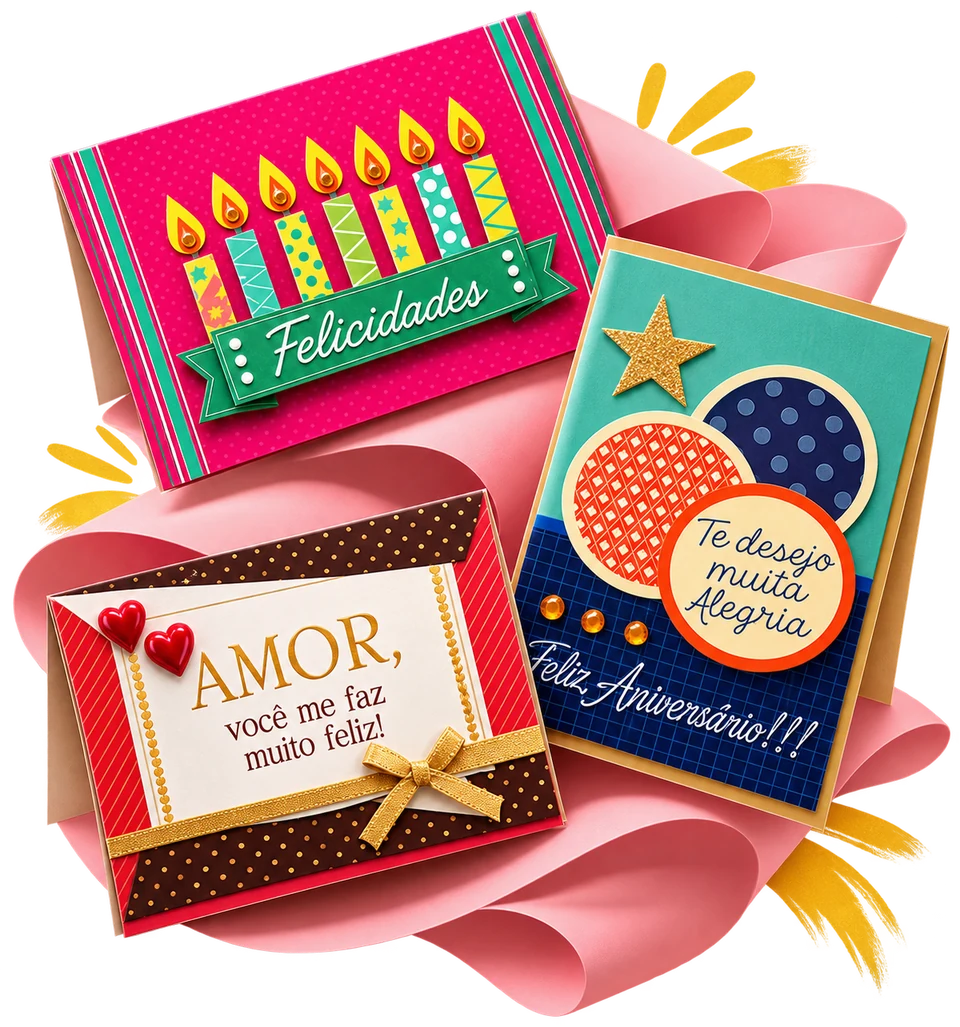 Cartões de aniversário e amor, com cores vibrantes, laço dourado e aplicações em papel